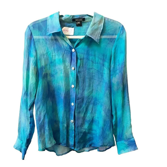 Karen Kane Blue Silk Button Shirt Womens MP Watercolor Semi-Sheer Top Blouse - Picture 1 of 8